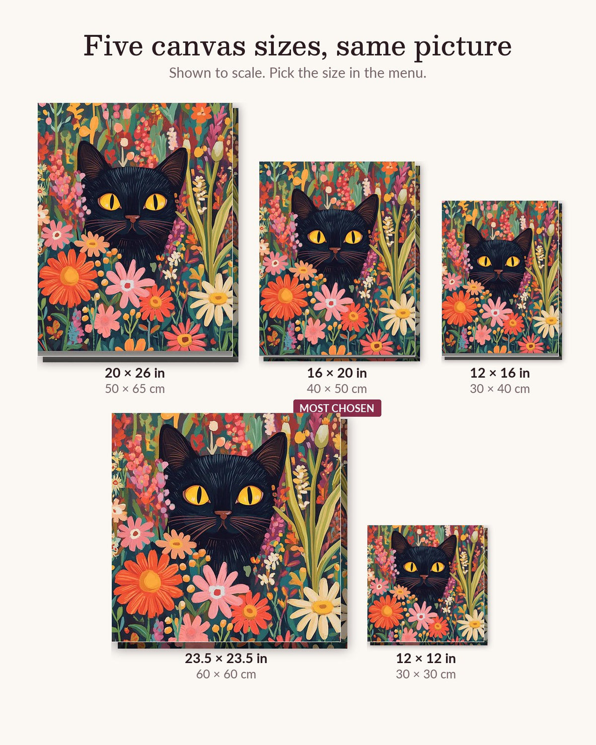 Peeking Cat canvas sizes from 12 x 12 to 23.5 x 23.5 inches