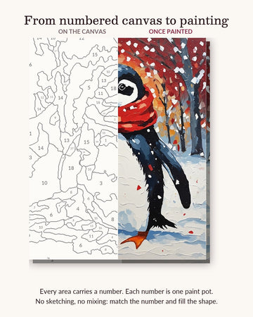 Penguin in a Red Scarf numbered canvas next to the finished painting