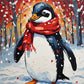 penguin wearing a red scarf standing in falling snow near bare red trees, paint by numbers kit