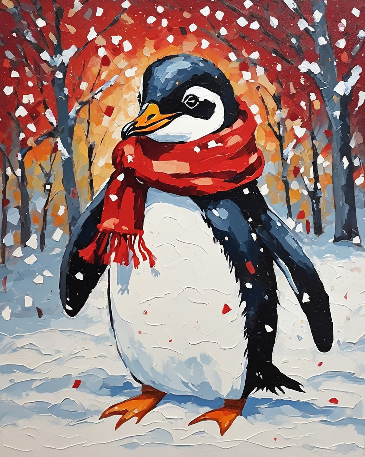 penguin wearing a red scarf standing in falling snow near bare red trees, paint by numbers kit