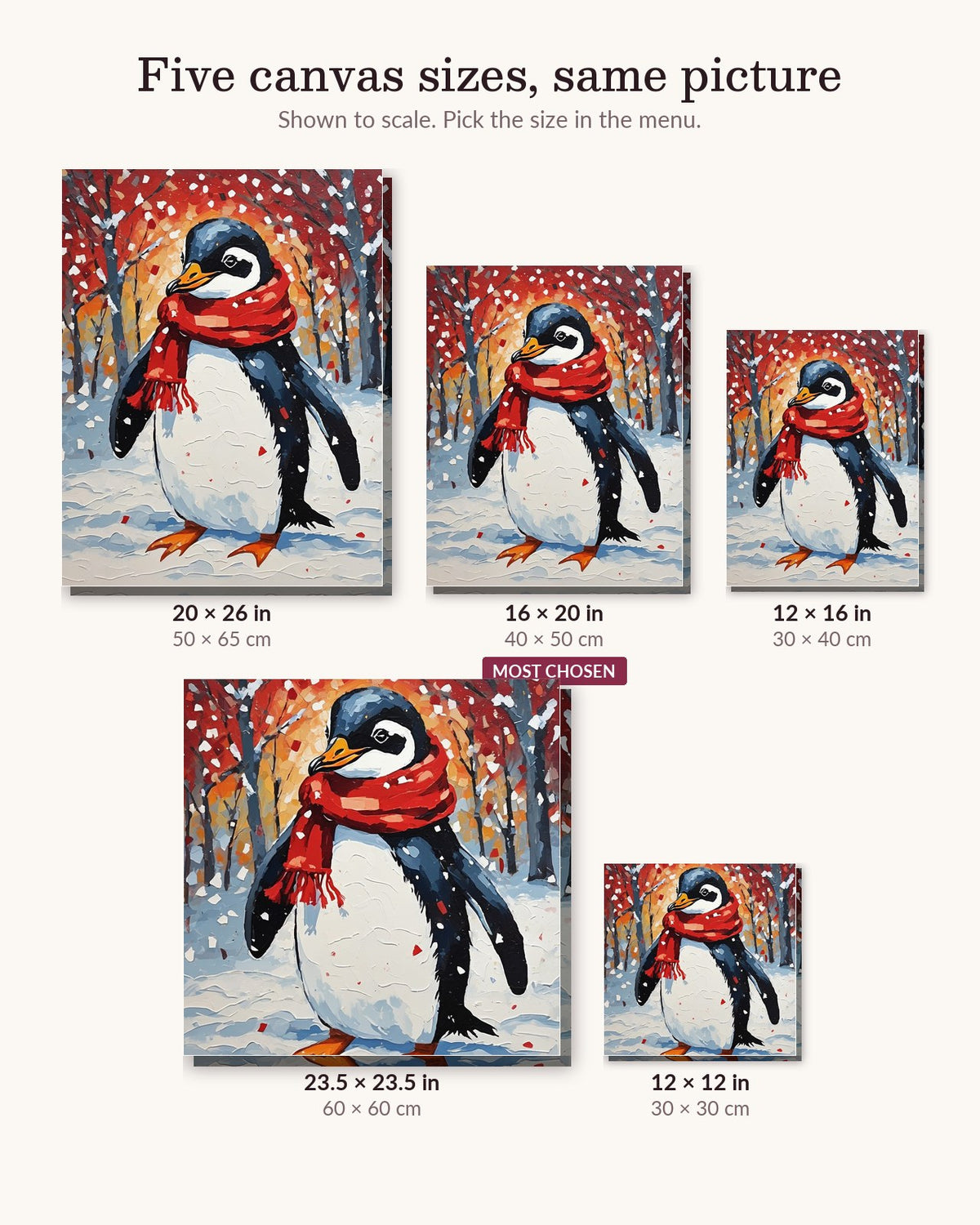 Penguin in a Red Scarf canvas sizes from 12 x 12 to 23.5 x 23.5 inches