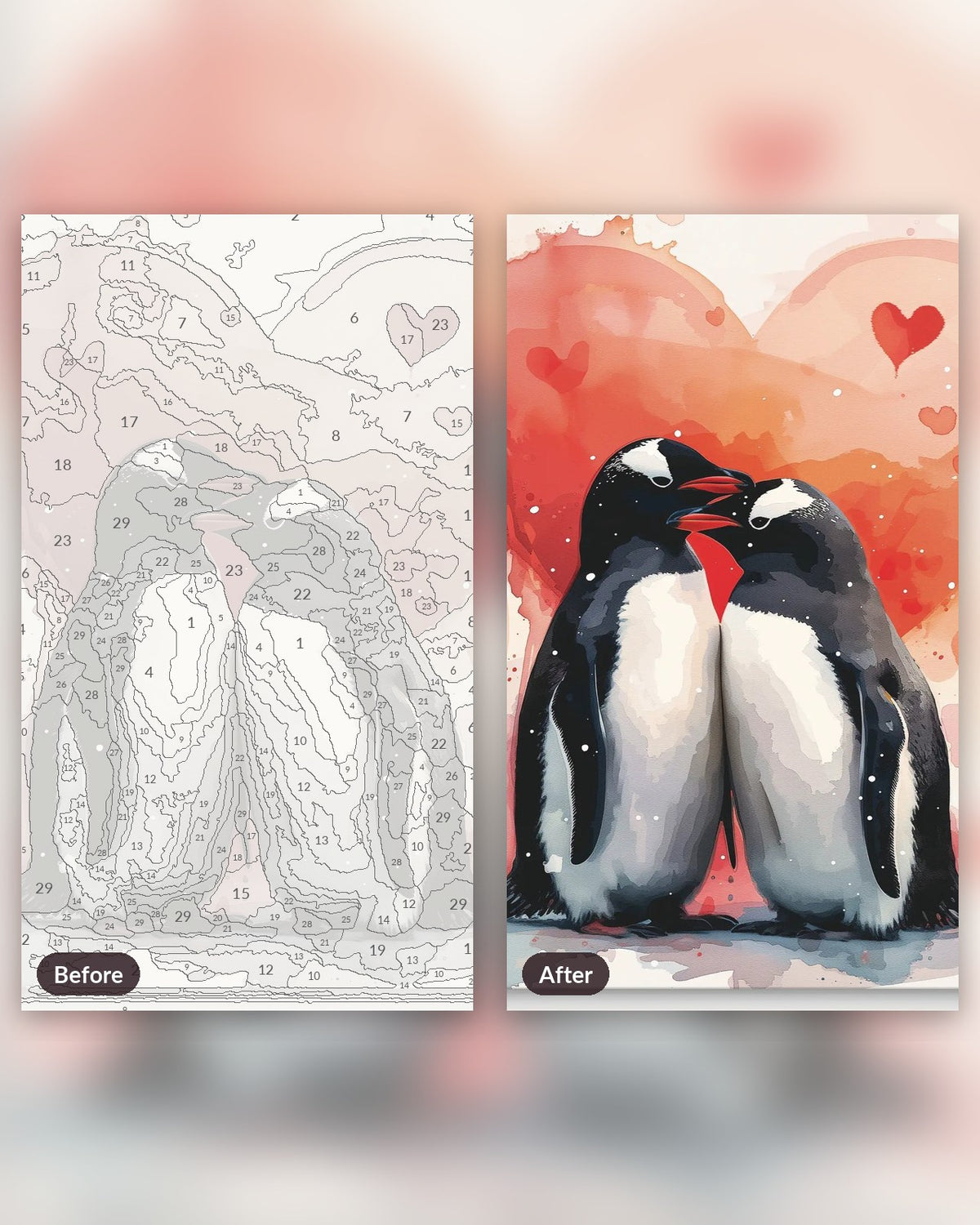 Penguins Love paint by numbers kit, before and after