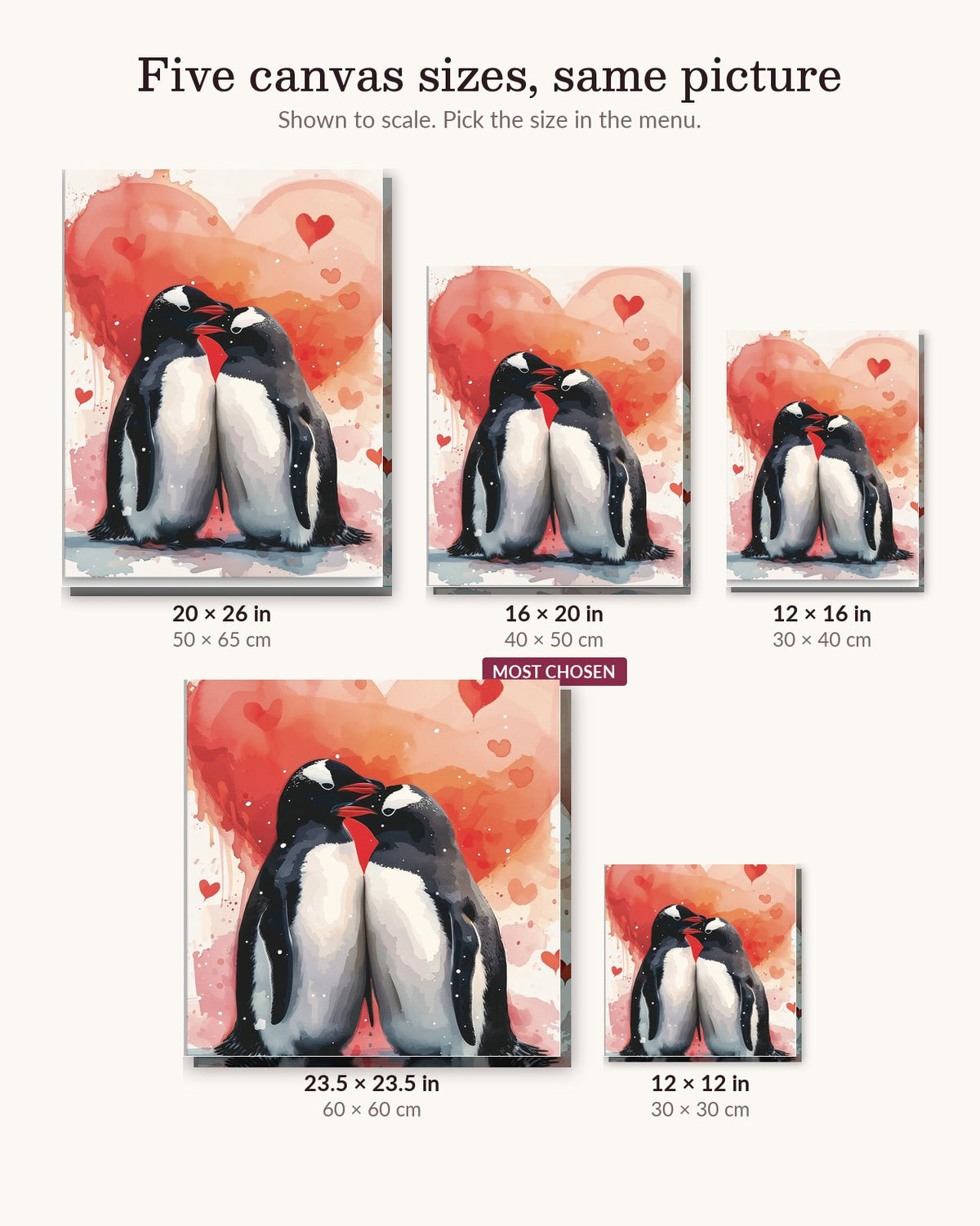 Penguins Love canvas sizes from 12 x 12 to 23.5 x 23.5 inches