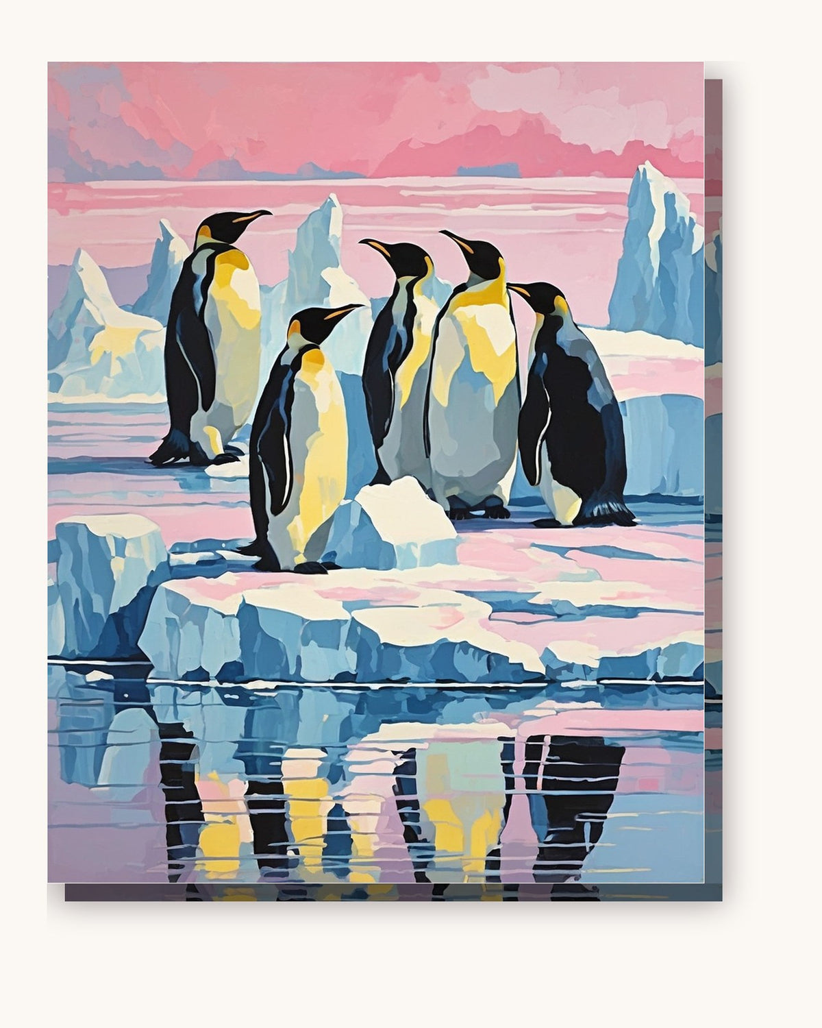 Penguins on Pink Arctic Ice paint by numbers kit on stretched canvas