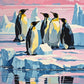 five emperor penguins standing on ice with blue icebergs, a pink sky and reflections in the water, paint by numbers kit