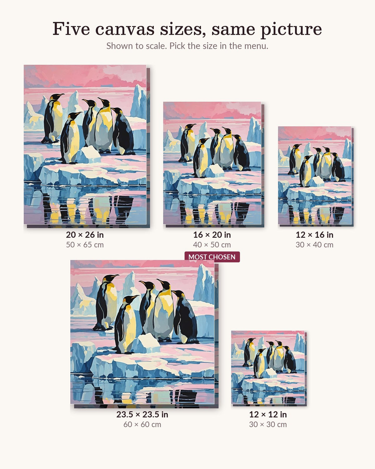 Penguins on Pink Arctic Ice canvas sizes from 12 x 12 to 23.5 x 23.5 inches