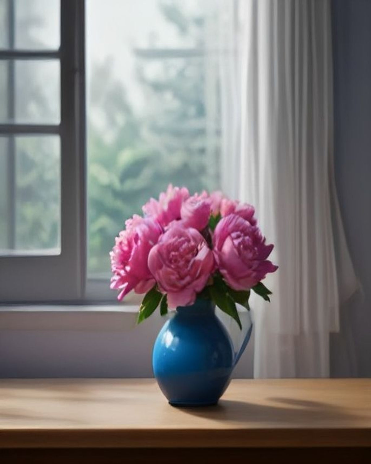 Peonies in a Blue Vase paint by numbers kit, still life by a window