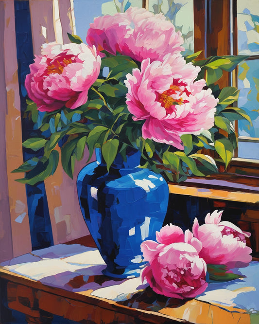 Peonies in a Blue Vase paint by numbers kit, still life by a window