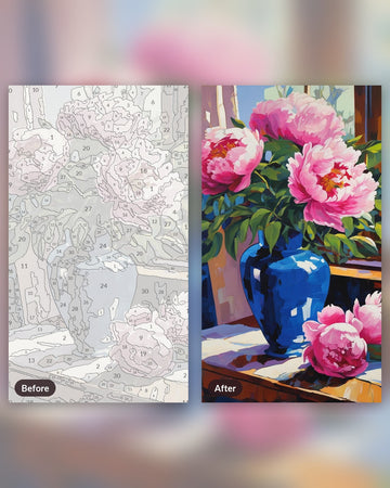 Peonies in a Blue Vase paint by numbers kit, before and after