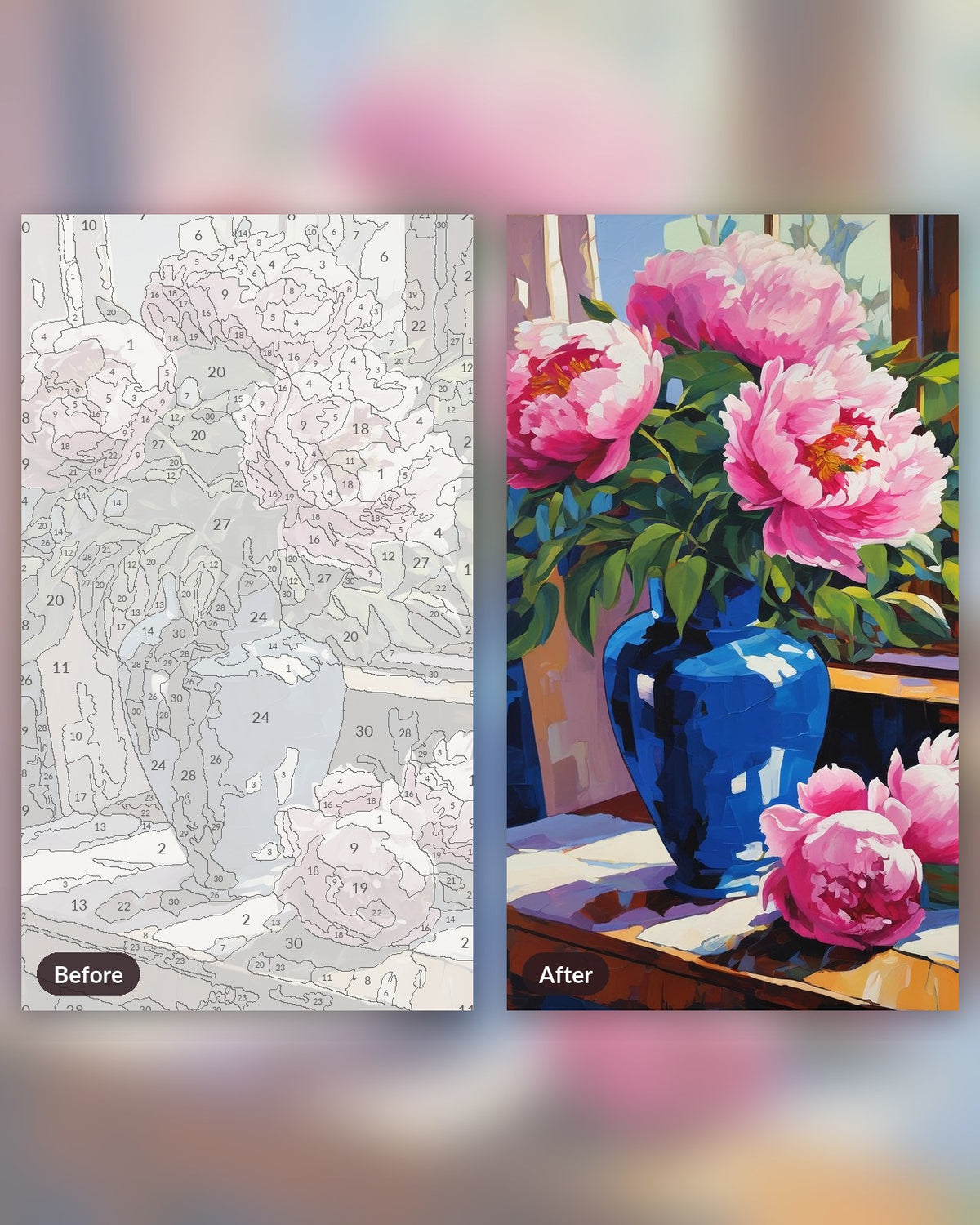 Peonies in a Blue Vase paint by numbers kit, before and after