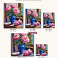 Peonies in a Blue Vase canvas sizes from 12 x 12 to 23.5 x 23.5 inches