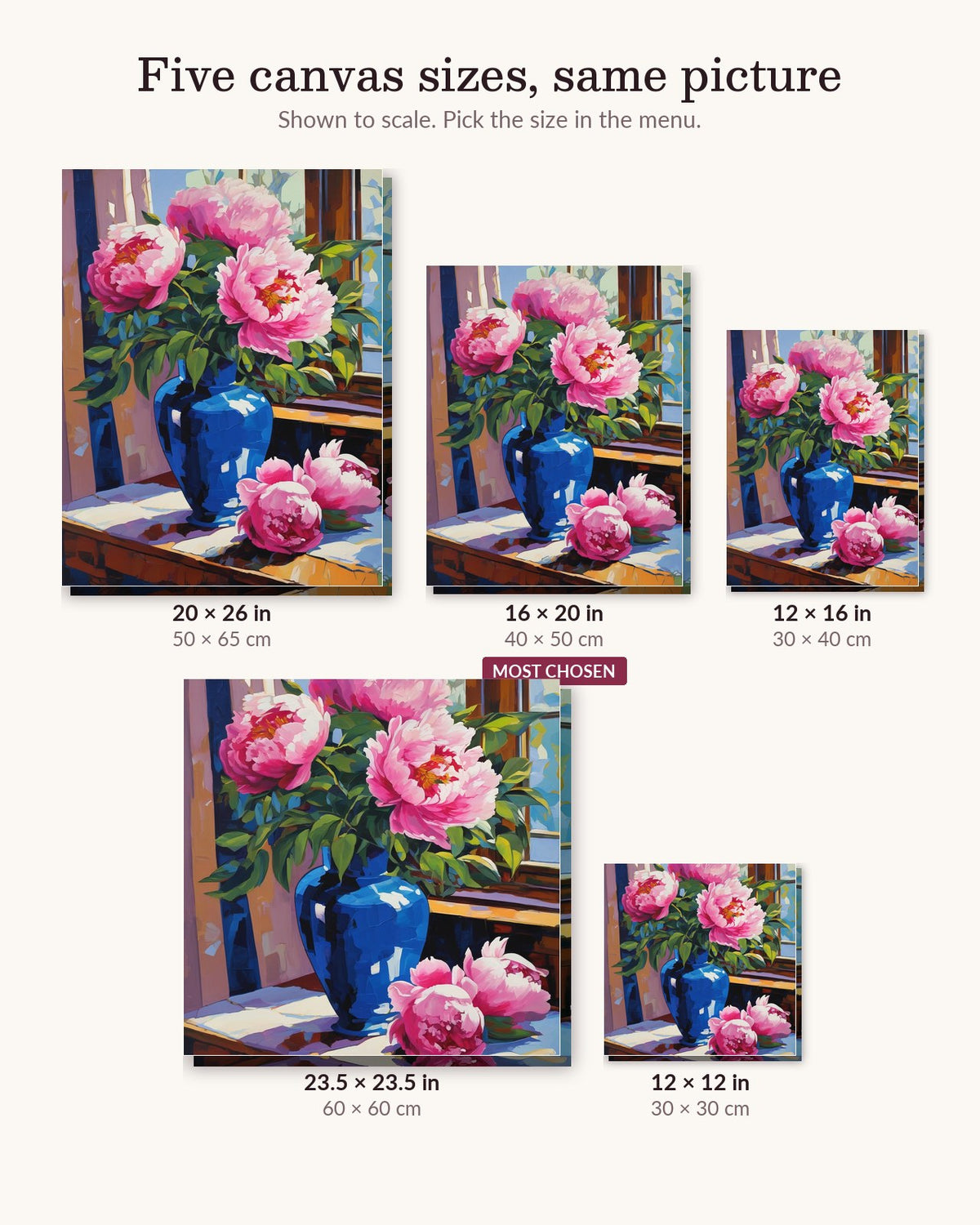 Peonies in a Blue Vase canvas sizes from 12 x 12 to 23.5 x 23.5 inches