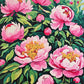 large pink peonies and buds among dark green leaves with yellow centers, paint by numbers kit