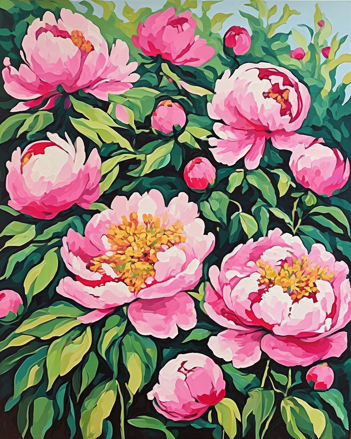 large pink peonies and buds among dark green leaves with yellow centers, paint by numbers kit