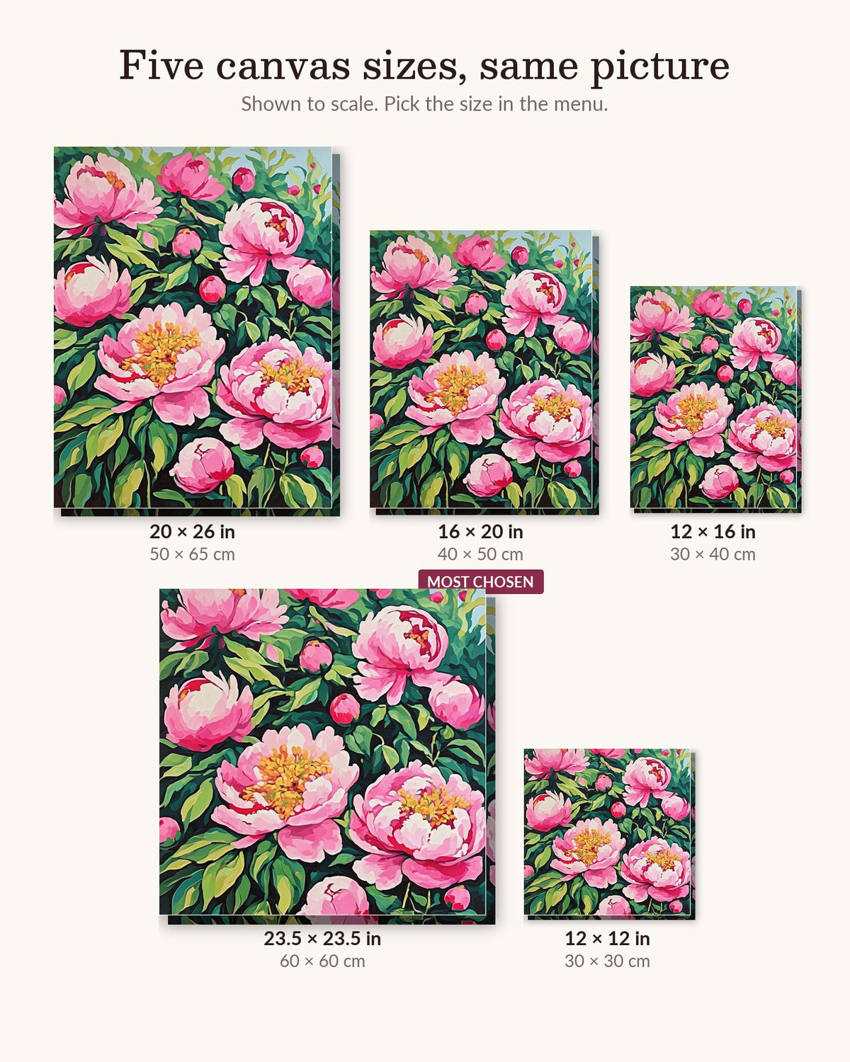 Peony Bushes in Full Pink Bloom canvas sizes from 12 x 12 to 23.5 x 23.5 inches