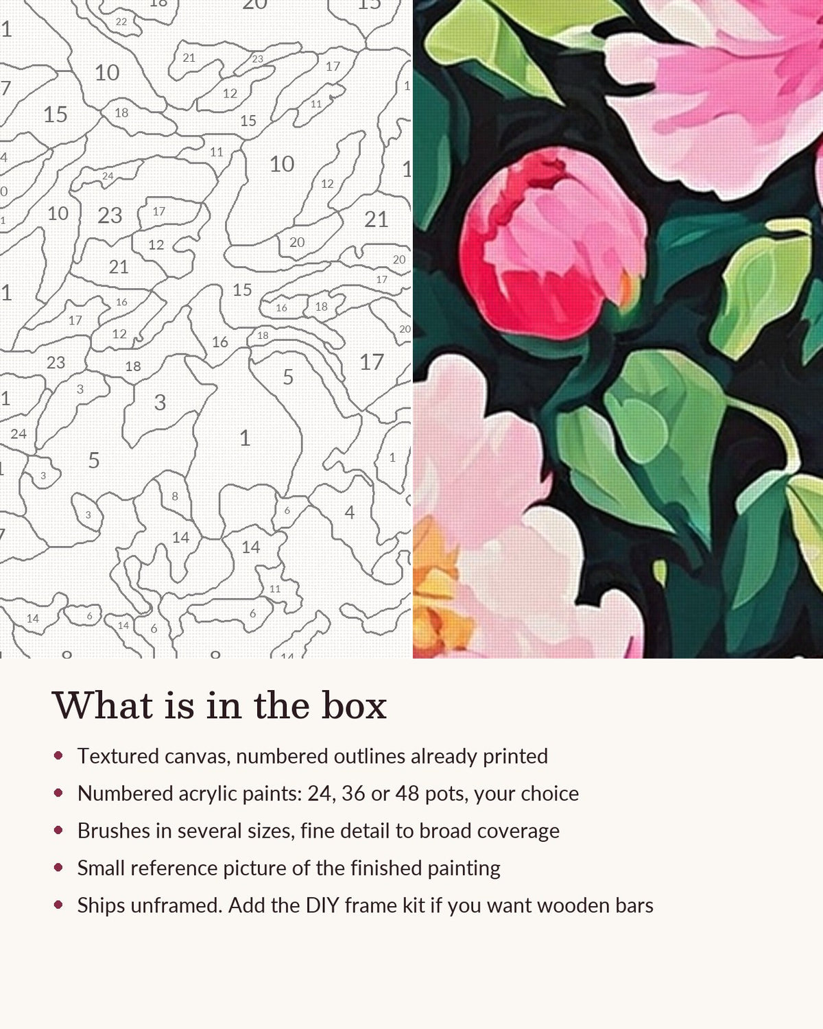 Close-up of the Peony Bushes in Full Pink Bloom canvas texture and printed numbers