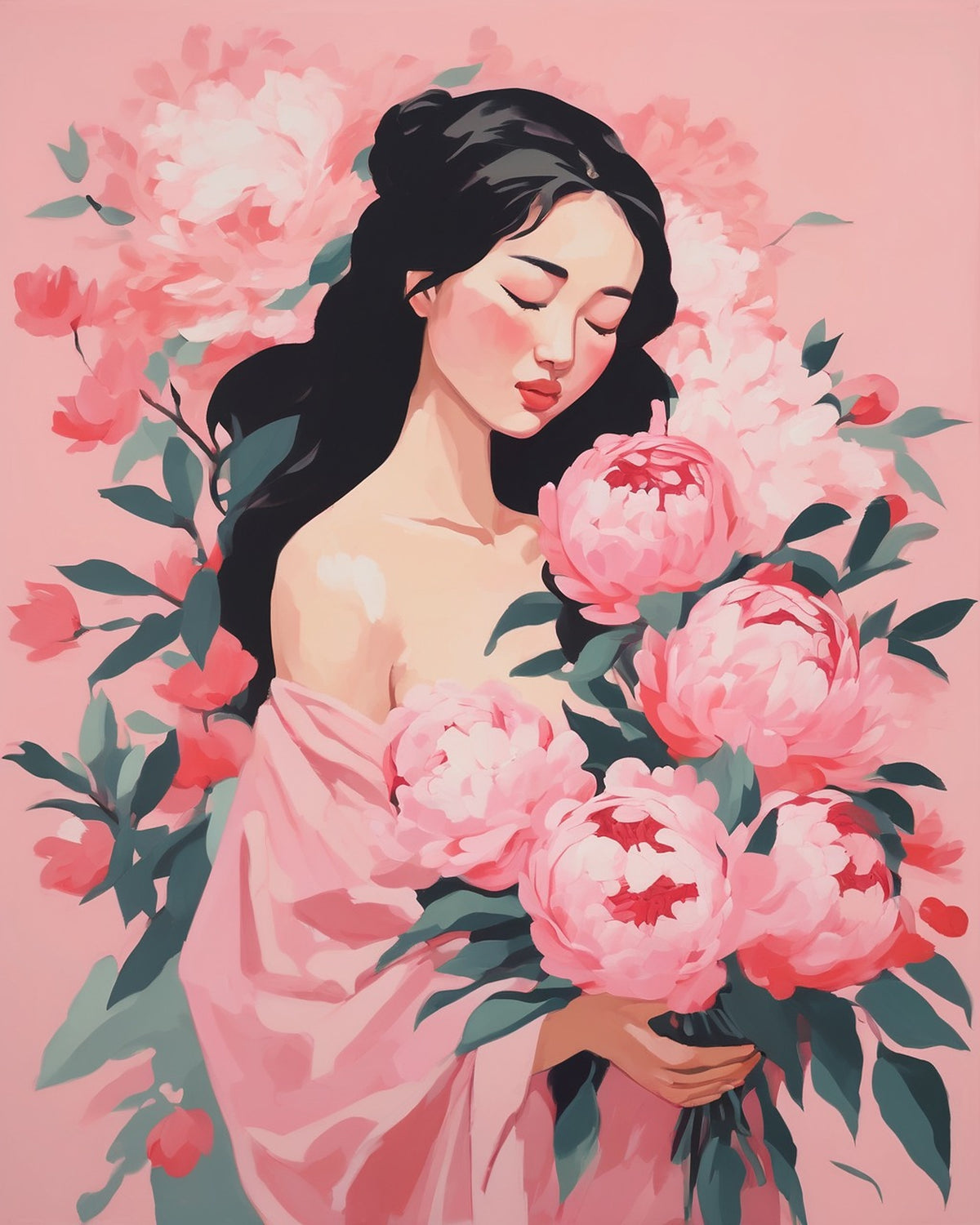 Peony Dreamer paint by numbers kit, woman with closed eyes holding pink peonies on blush pink