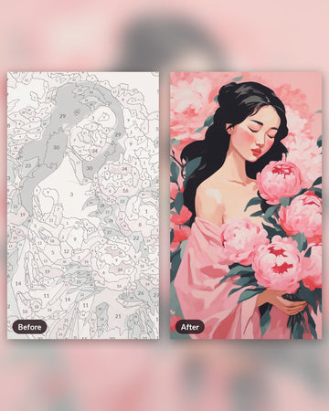 Peony Dreamer paint by numbers kit, before and after