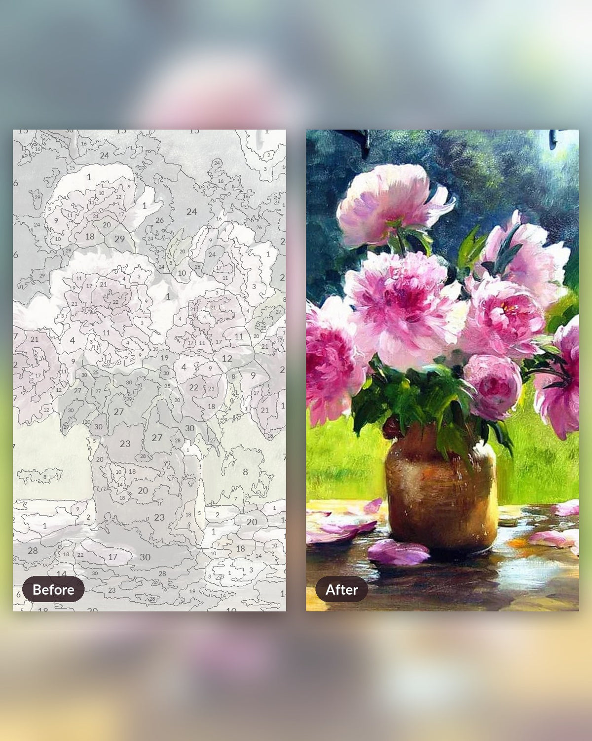 Peony Grace paint by numbers kit, before and after