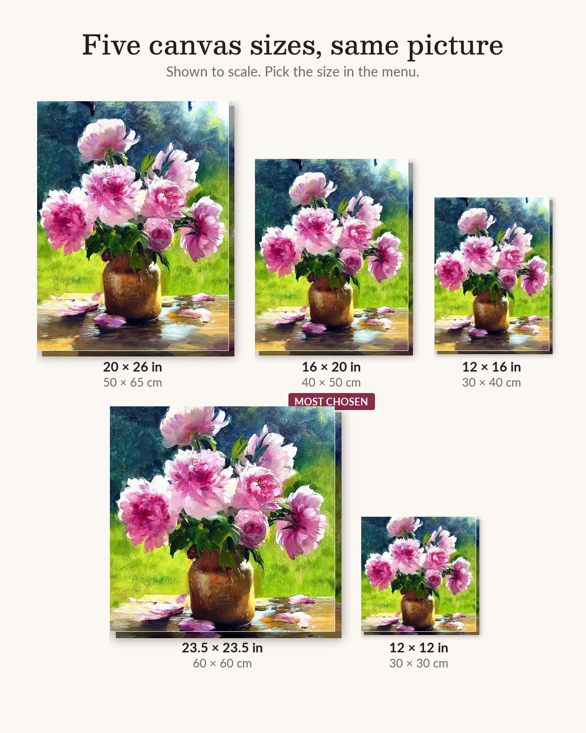 Peony Grace canvas sizes from 12 x 12 to 23.5 x 23.5 inches
