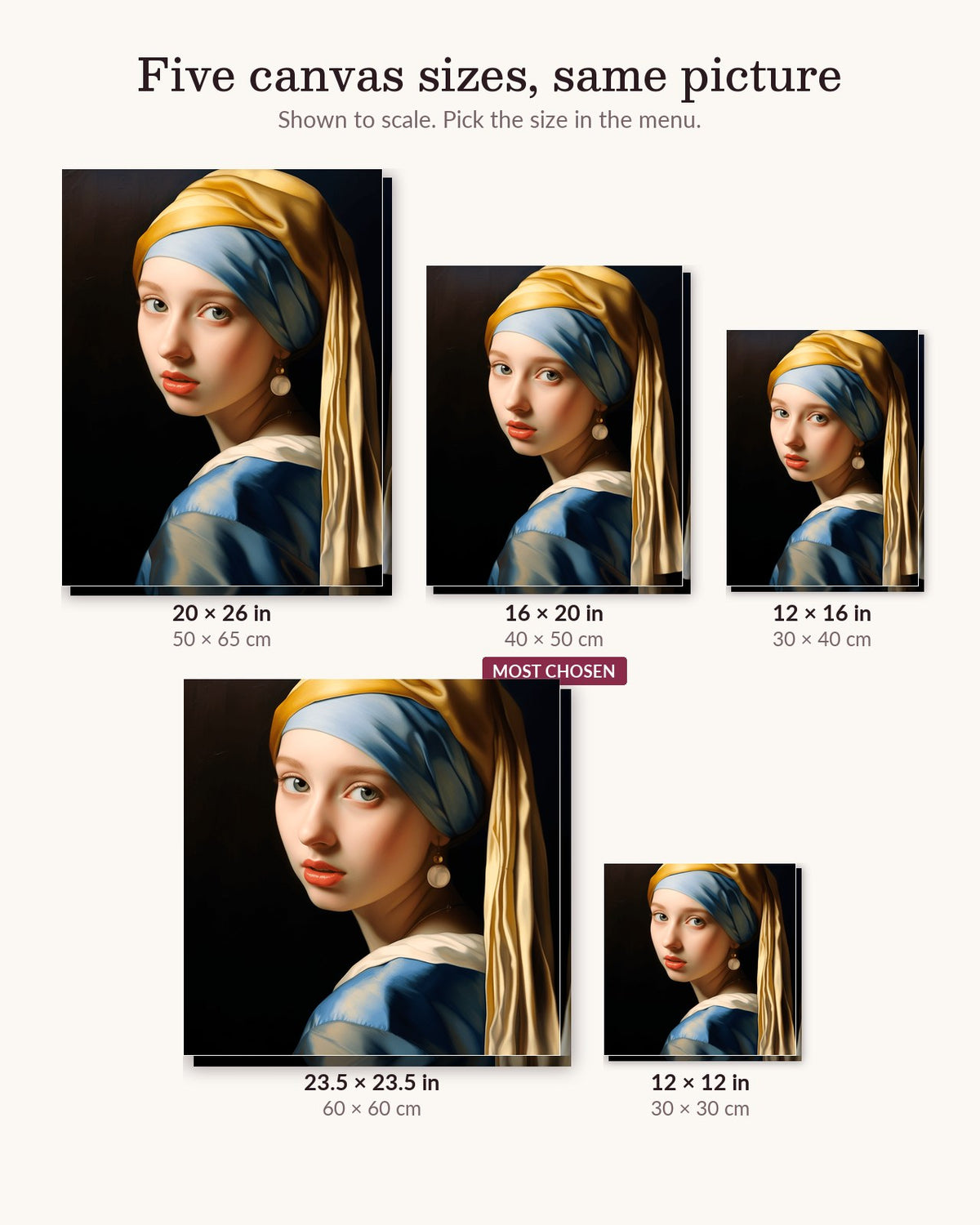 Perpetual Look canvas sizes from 12 x 12 to 23.5 x 23.5 inches