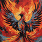 phoenix with spread wings of red orange and yellow feathers and a flaming tail, paint by numbers kit