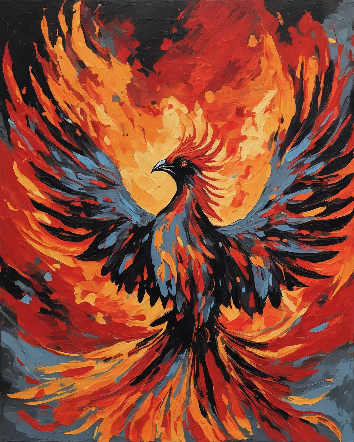 phoenix with spread wings of red orange and yellow feathers and a flaming tail, paint by numbers kit