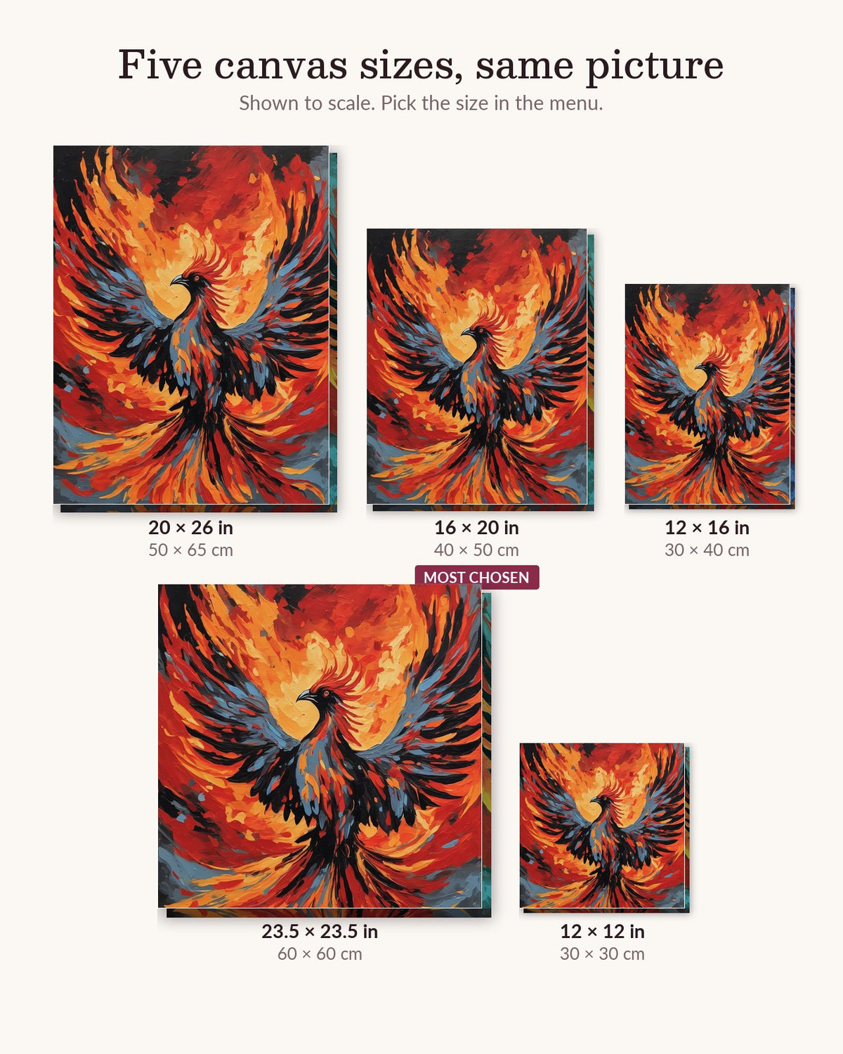 Phoenix with Flaming Wings canvas sizes from 12 x 12 to 23.5 x 23.5 inches