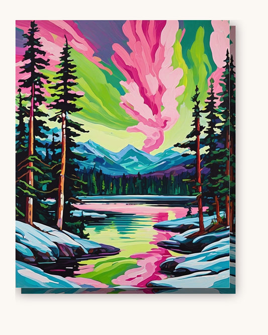 Pink and Green Aurora over the Lake paint by numbers kit on stretched canvas