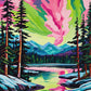 pink and green northern lights over a snowy lake with tall pines and blue mountains, paint by numbers kit