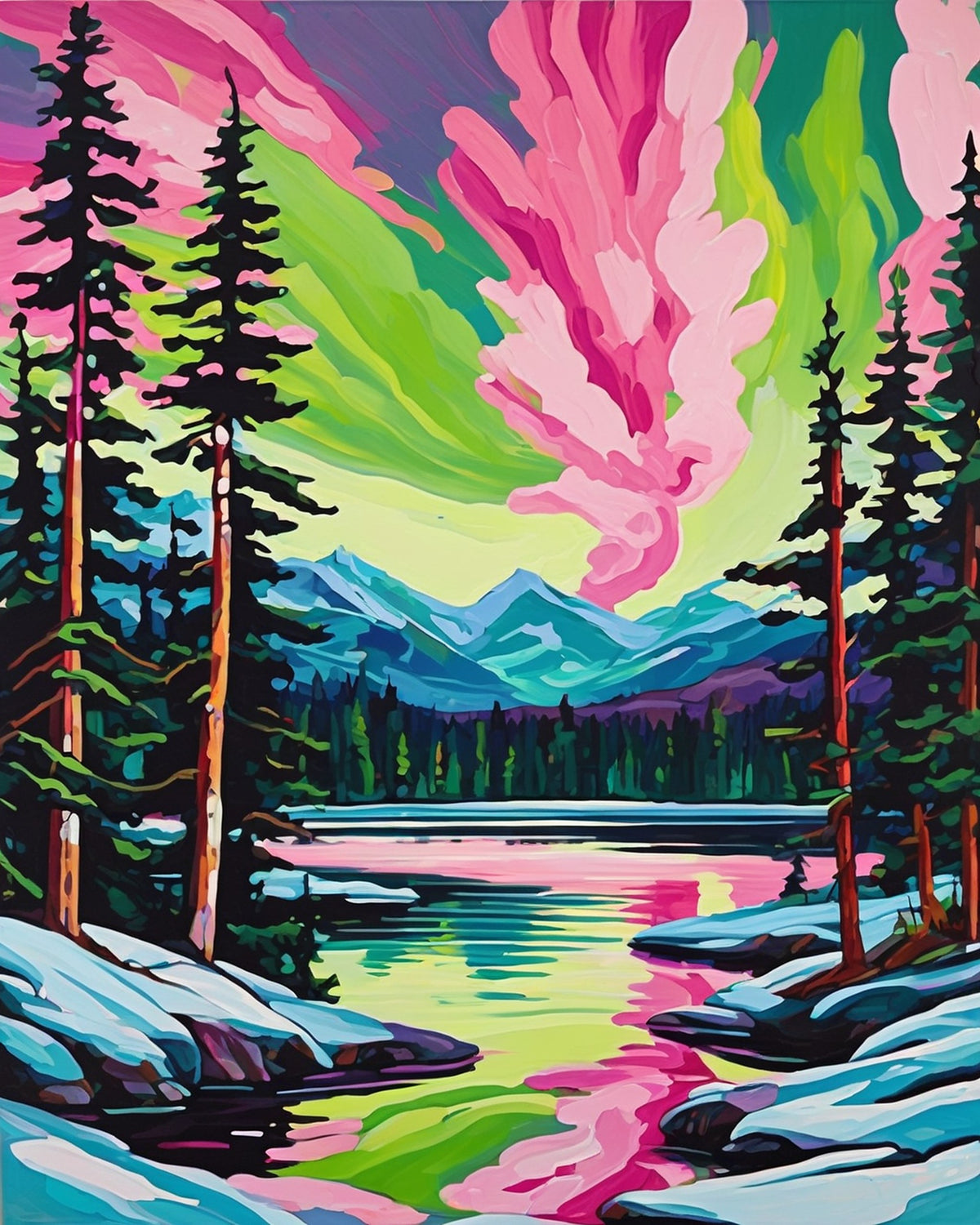 pink and green northern lights over a snowy lake with tall pines and blue mountains, paint by numbers kit