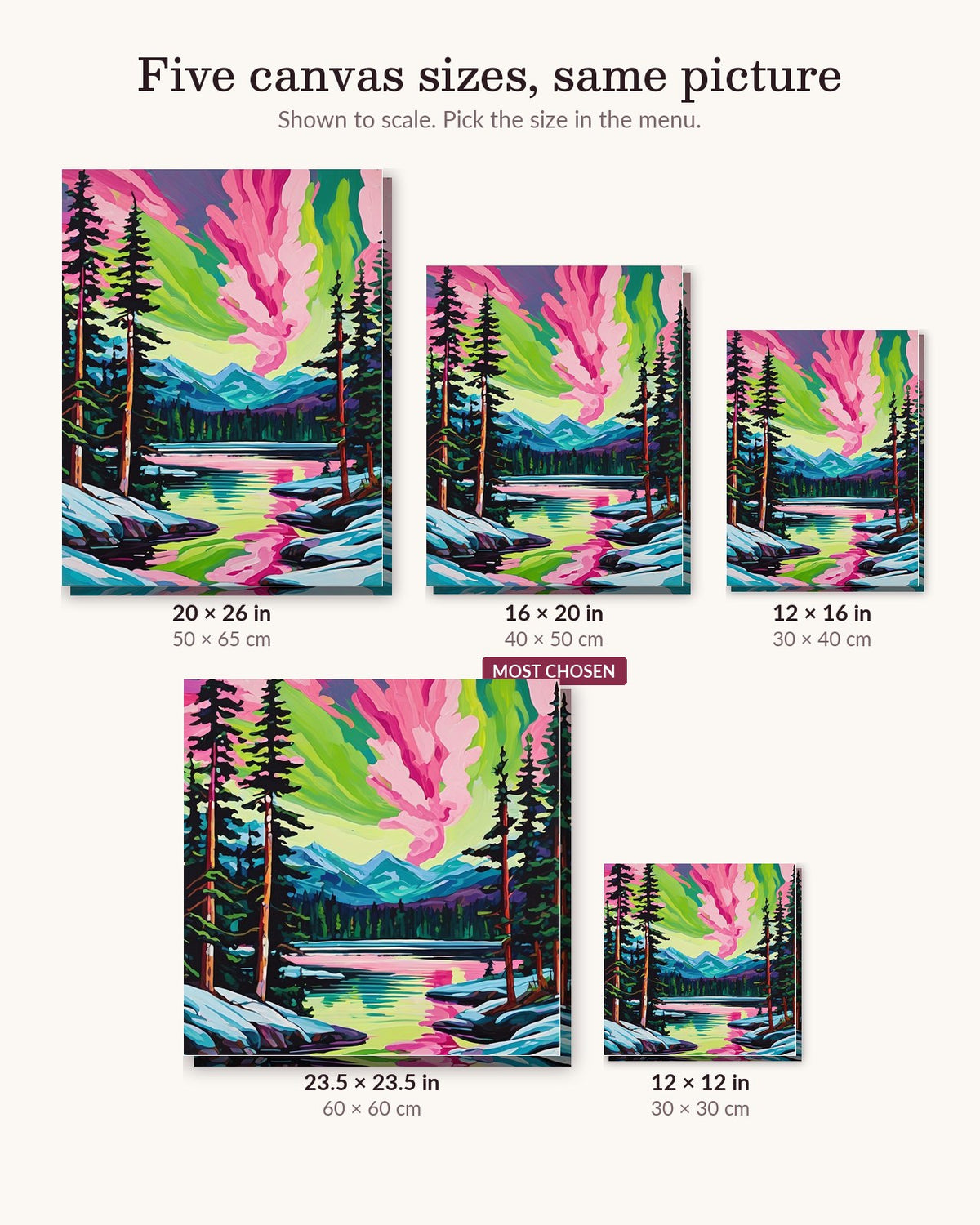 Pink and Green Aurora over the Lake canvas sizes from 12 x 12 to 23.5 x 23.5 inches