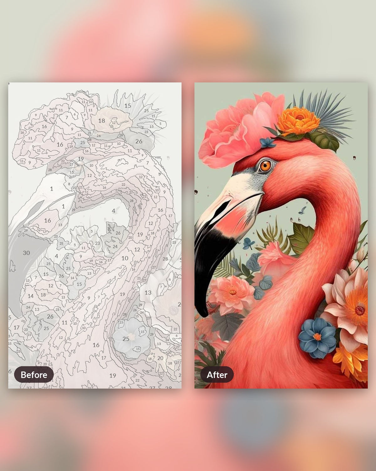 Pink Flamingo paint by numbers kit, before and after