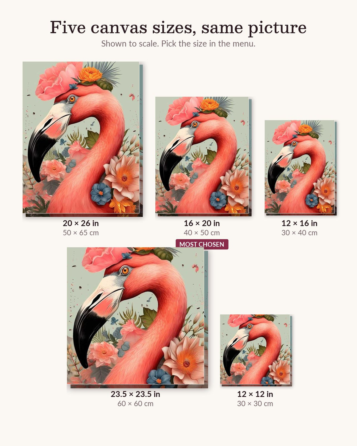 Pink Flamingo canvas sizes from 12 x 12 to 23.5 x 23.5 inches