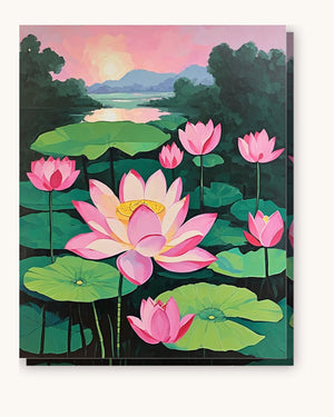 Pink Lotus Pond at Sunset paint by numbers kit on stretched canvas