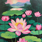 pink lotus flowers and green lily pads on a pond with a pink sunset and hills, paint by numbers kit