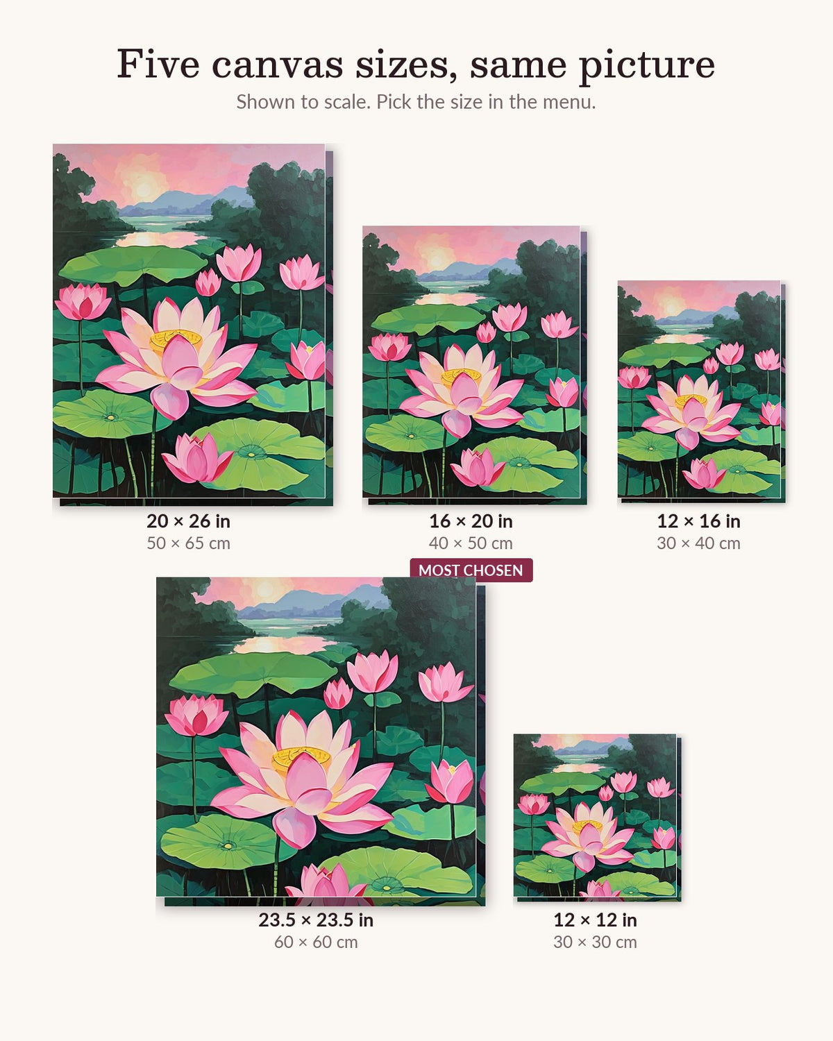 Pink Lotus Pond at Sunset canvas sizes from 12 x 12 to 23.5 x 23.5 inches