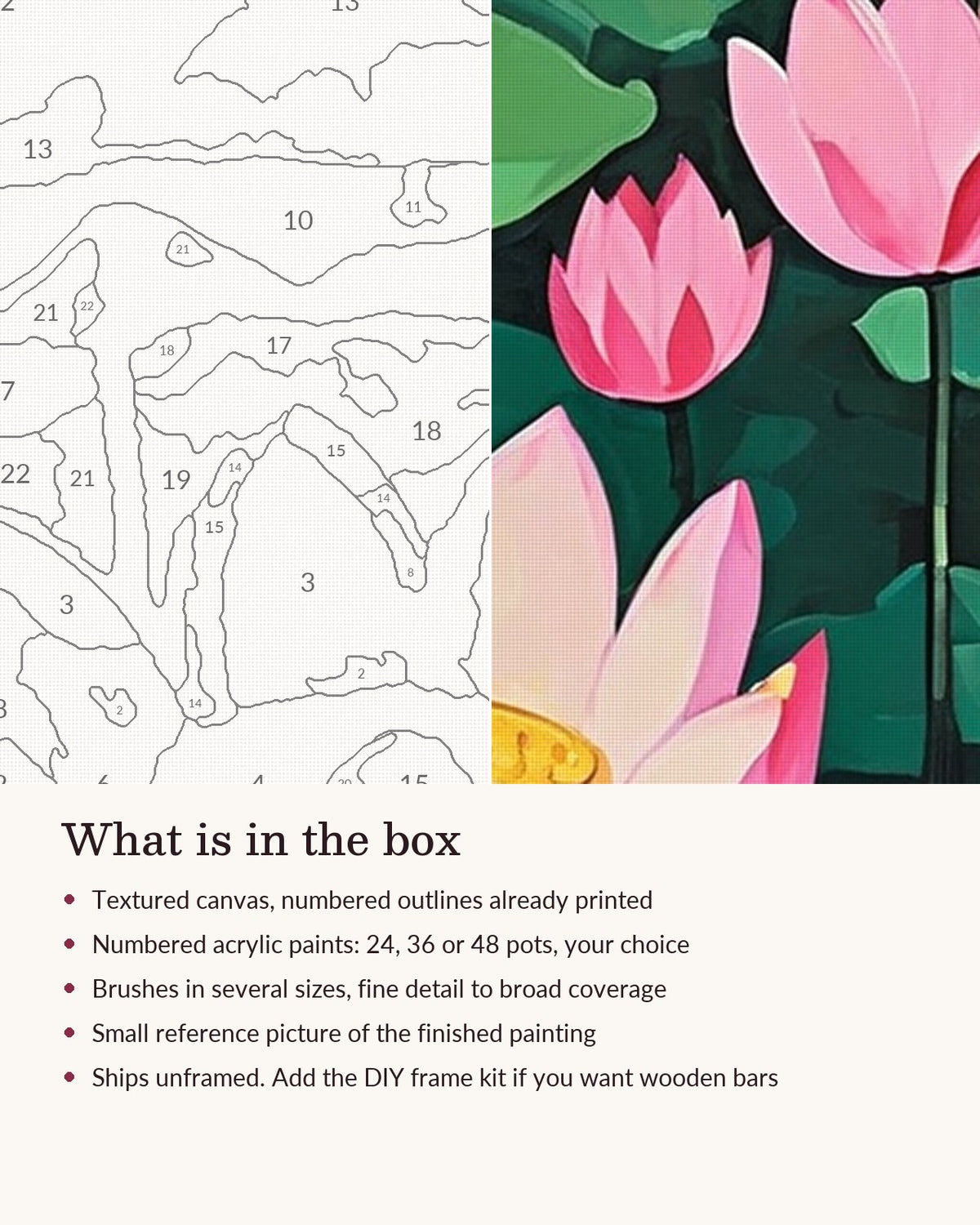 Close-up of the Pink Lotus Pond at Sunset canvas texture and printed numbers