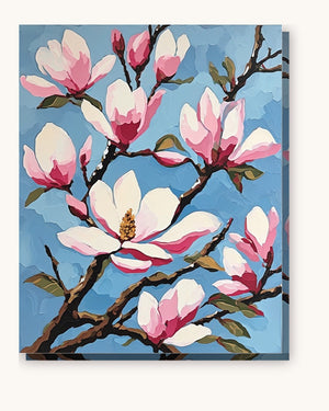 Pink Magnolia Blossoms on a Branch paint by numbers kit on stretched canvas