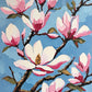 pink and cream magnolia blossoms on dark branches against a soft blue sky, paint by numbers kit
