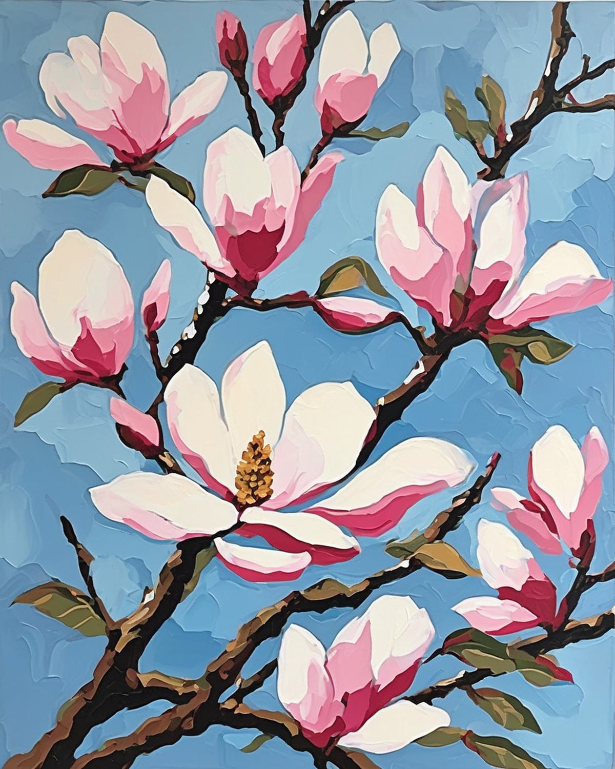 pink and cream magnolia blossoms on dark branches against a soft blue sky, paint by numbers kit