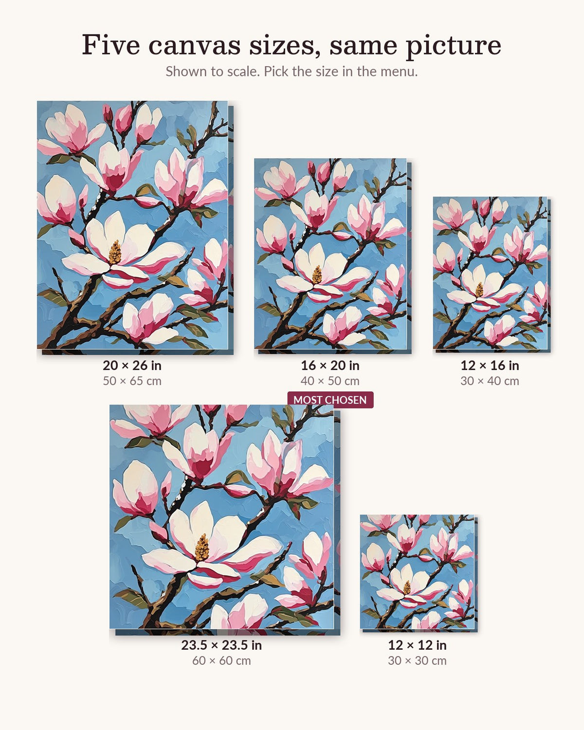 Pink Magnolia Blossoms on a Branch canvas sizes from 12 x 12 to 23.5 x 23.5 inches
