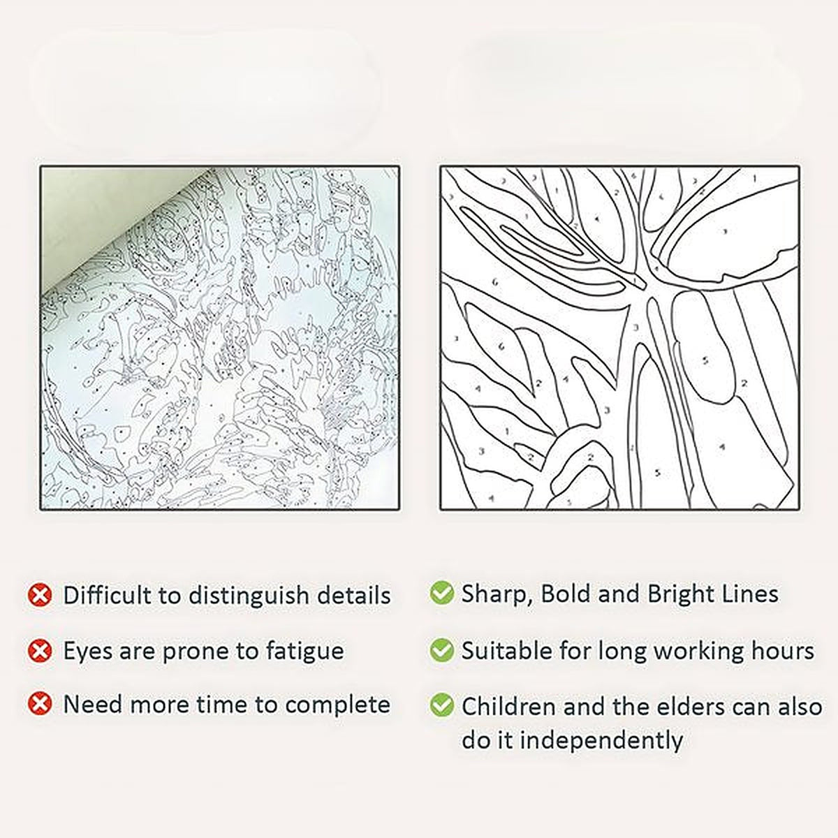 Sharp bold numbered outlines printed on the Pink Park paint by numbers canvas, next to blurred low-contrast printing