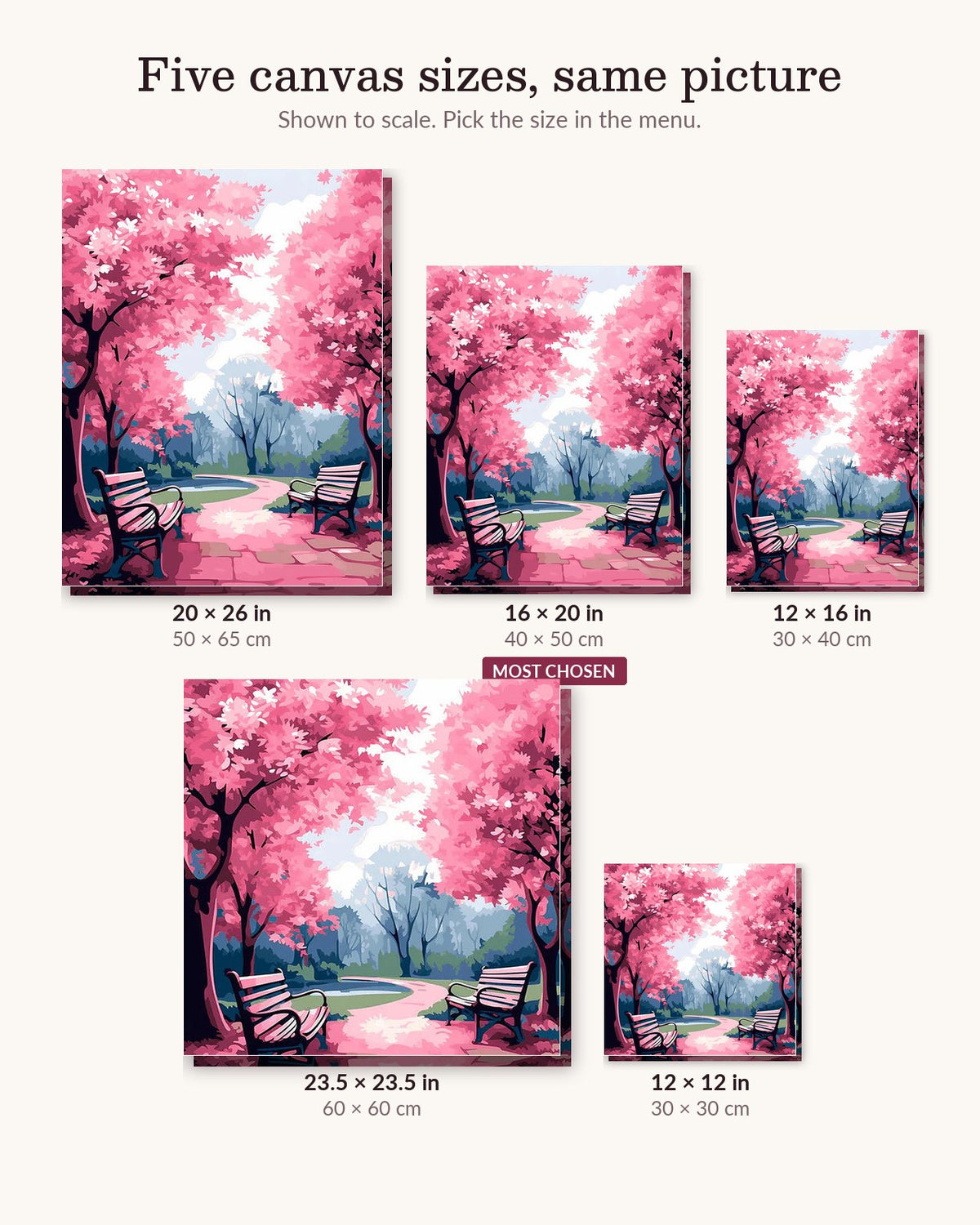 Pink Park canvas sizes from 12 x 12 to 23.5 x 23.5 inches
