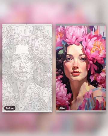 Pink Peonies paint by numbers kit, before and after