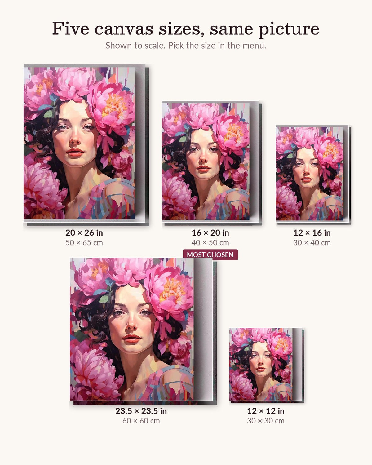 Pink Peonies canvas sizes from 12 x 12 to 23.5 x 23.5 inches