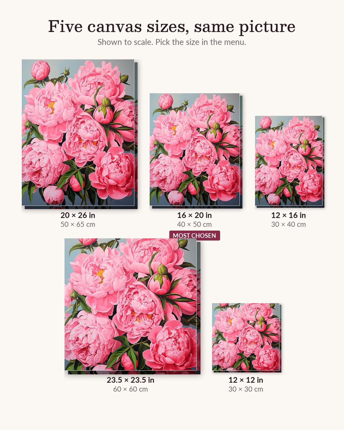 Pink Peony Perfection canvas sizes from 12 x 12 to 23.5 x 23.5 inches