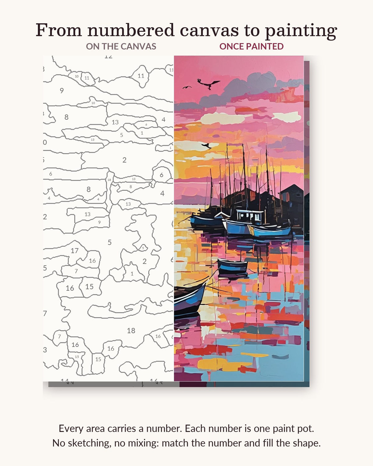 Pink Sunrise over the Harbor numbered canvas next to the finished painting