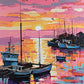 fishing boats at a wooden pier in a harbor under a pink and orange sunrise sky, paint by numbers kit