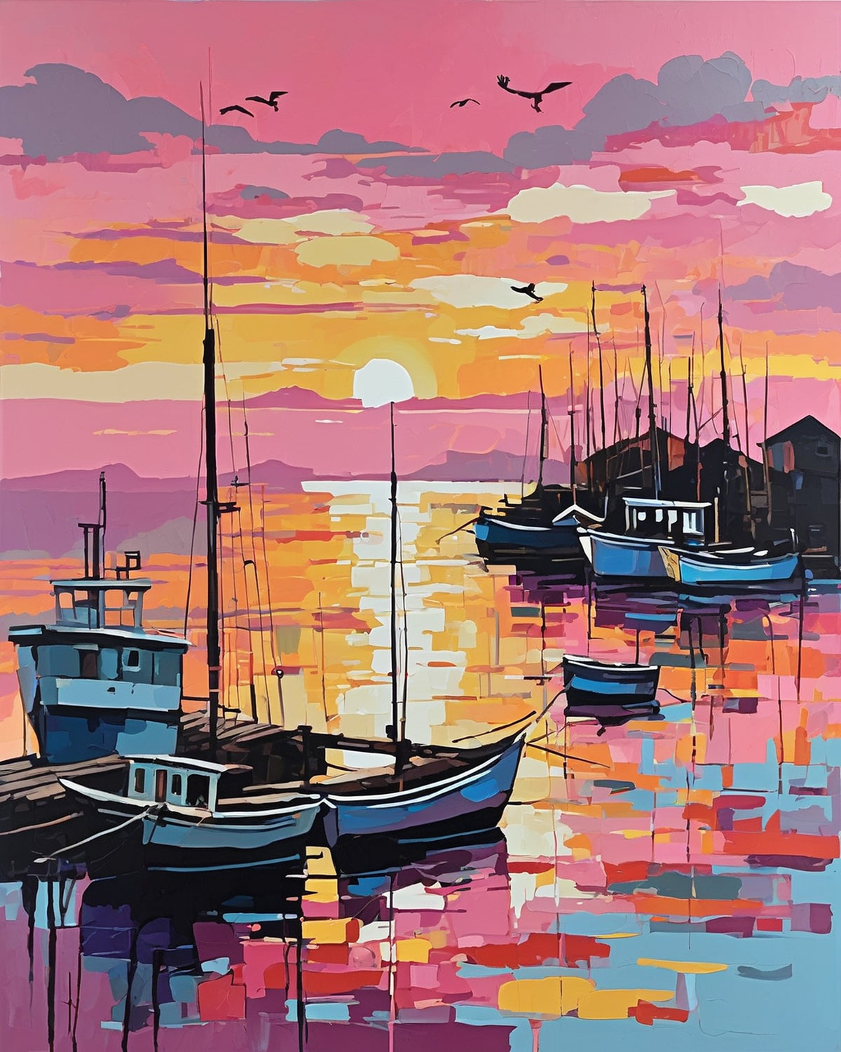 fishing boats at a wooden pier in a harbor under a pink and orange sunrise sky, paint by numbers kit